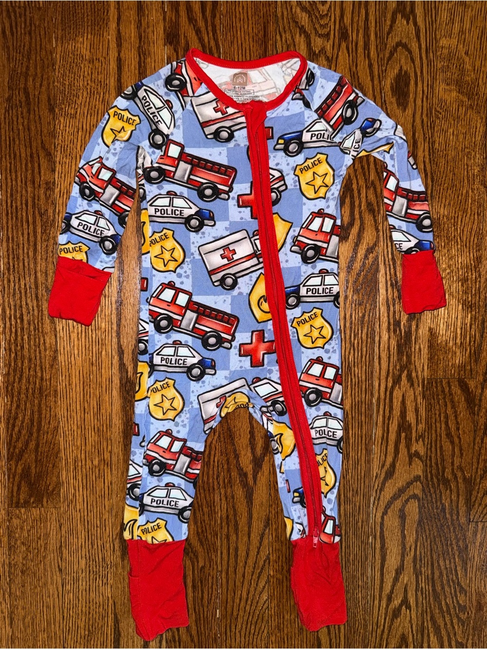 Kids Emergency Vehicles Footed One-Piece Pajamas - Blue with Red Trim